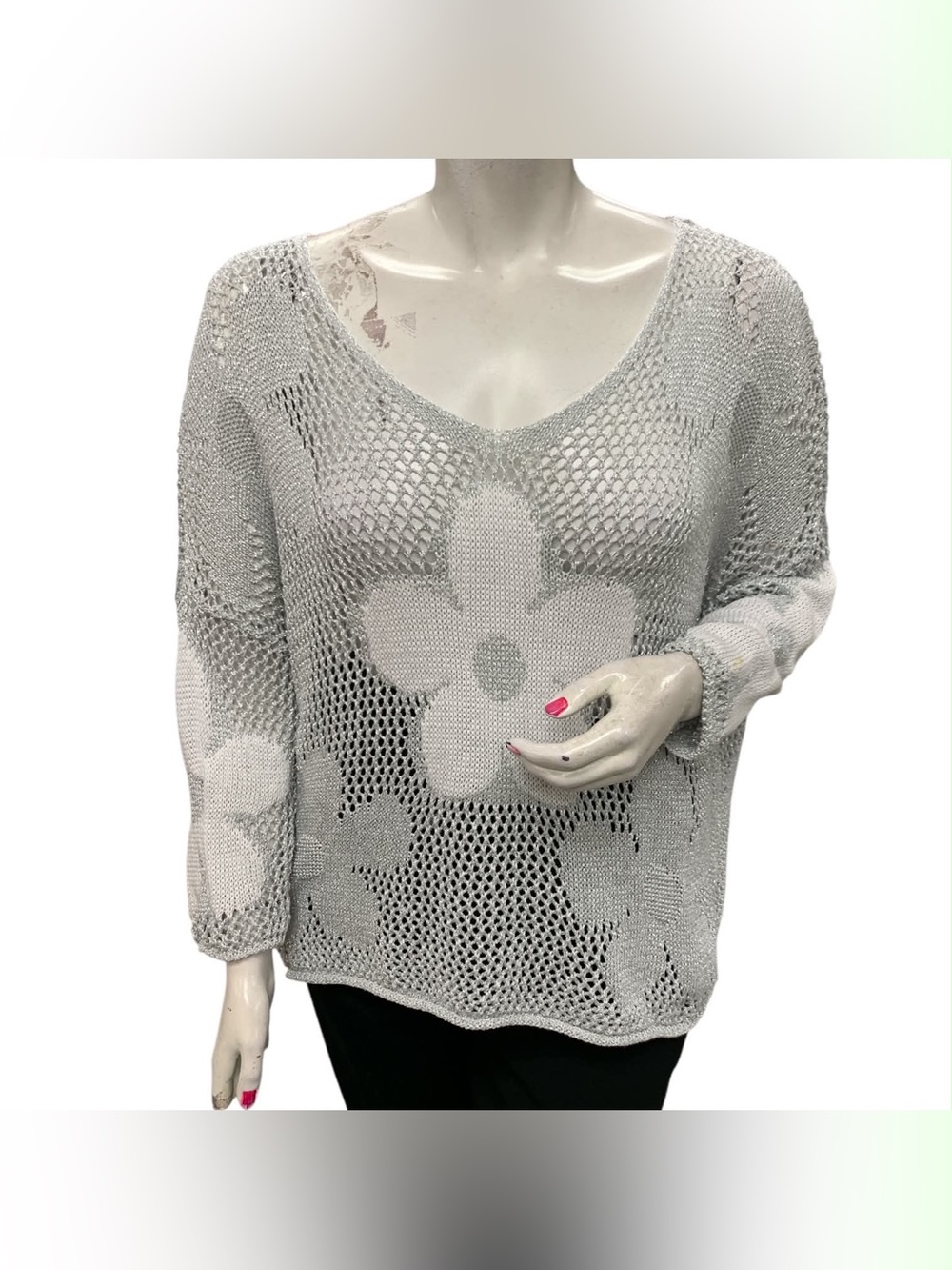 Made In Italy Light Gray Floral Open-Knit V-Neck Sweater Size XL